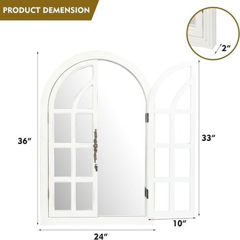 Rustic Farmhouse Arched Wall Mirror 24 Lx 36, Wooden Window Pane Decorative Mirror for Wall, Vintage Arch Mirror for Living Room, Bedroom, Entryway, Bathroom Decor, Large Rustic White Window Mirror in Saudi Arabia