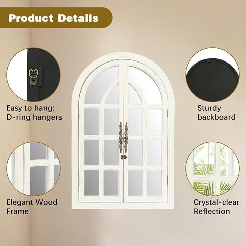 Rustic Farmhouse Arched Wall Mirror 24 Lx 36, Wooden Window Pane Decorative Mirror for Wall, Vintage Arch Mirror for Living Room, Bedroom, Entryway, Bathroom Decor, Large Rustic White Window Mirror in Saudi Arabia