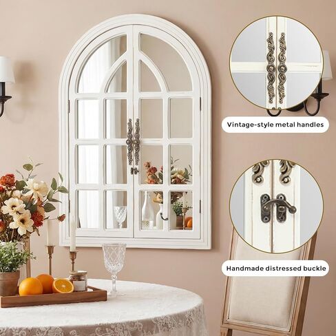 Rustic Farmhouse Arched Wall Mirror 24 Lx 36, Wooden Window Pane Decorative Mirror for Wall, Vintage Arch Mirror for Living Room, Bedroom, Entryway, Bathroom Decor, Large Rustic White Window Mirror in Saudi Arabia