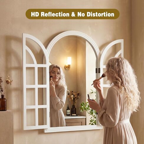 Rustic Farmhouse Arched Wall Mirror 24 Lx 36, Wooden Window Pane Decorative Mirror for Wall, Vintage Arch Mirror for Living Room, Bedroom, Entryway, Bathroom Decor, Large Rustic White Window Mirror in Saudi Arabia