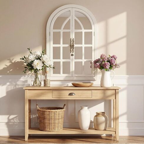 Rustic Farmhouse Arched Wall Mirror 24 Lx 36, Wooden Window Pane Decorative Mirror for Wall, Vintage Arch Mirror for Living Room, Bedroom, Entryway, Bathroom Decor, Large Rustic White Window Mirror in Saudi Arabia