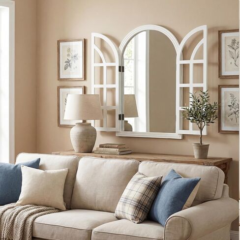 Rustic Farmhouse Arched Wall Mirror 24 Lx 36, Wooden Window Pane Decorative Mirror for Wall, Vintage Arch Mirror for Living Room, Bedroom, Entryway, Bathroom Decor, Large Rustic White Window Mirror in Saudi Arabia