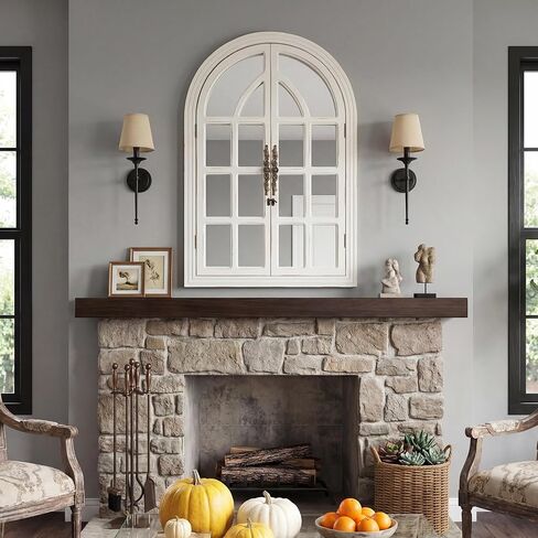 Rustic Farmhouse Arched Wall Mirror 24 Lx 36, Wooden Window Pane Decorative Mirror for Wall, Vintage Arch Mirror for Living Room, Bedroom, Entryway, Bathroom Decor, Large Rustic White Window Mirror in Saudi Arabia