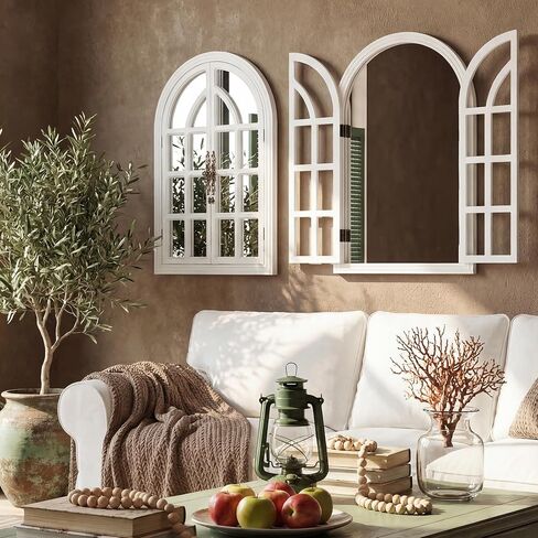 Rustic Farmhouse Arched Wall Mirror 24 Lx 36, Wooden Window Pane Decorative Mirror for Wall, Vintage Arch Mirror for Living Room, Bedroom, Entryway, Bathroom Decor, Large Rustic White Window Mirror in Saudi Arabia