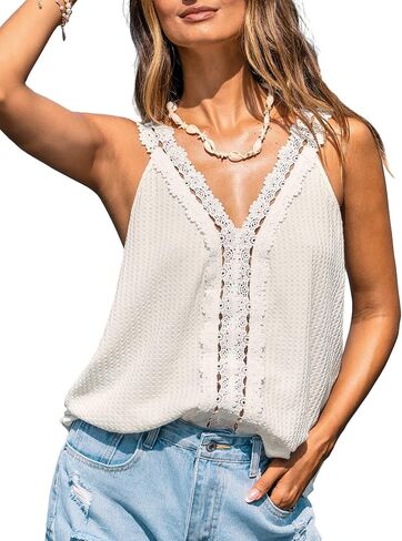 CUPSHE Women’s Lace Tank Top V Neck Trim Button Front Floral Sleeveless Crochet Knit Summer Casual Cami Top in Kuwait