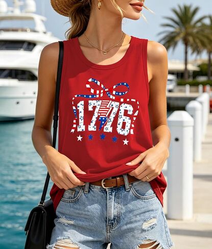 4th of July Tank Top for Women-1776-2026 American 250 Anniversary Tank Top Bow Red White and Blue Sleeveless Shirt in Kuwait