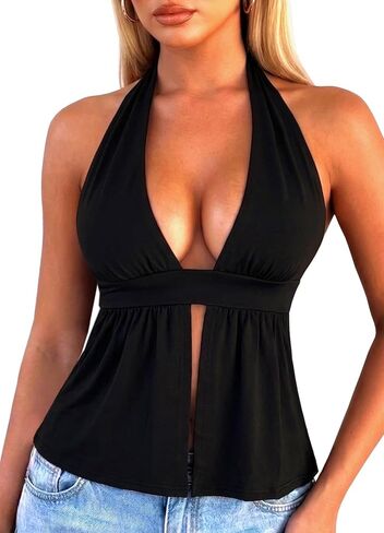 HAWILAND Women Deep V Neck Open Front Halter Tank Top Y2K Split Hem Sleeveless Tie Backless Crop Top in Saudi Arabia