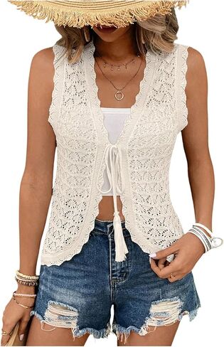 MakeMeChic Women's Summer Crochet Tie Front Tops Boho Vest Tops Sleeveless Knit Tank Tops Beach Coverup in Kuwait