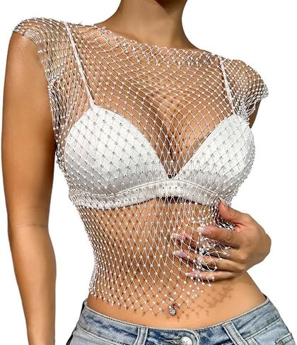 Women's Rhinestone Mesh Tank Top Rave See Through Hollow Out Rhinestone Bikini Cover Up Skirt Festival（Mesh sleeve） in Saudi Arabia