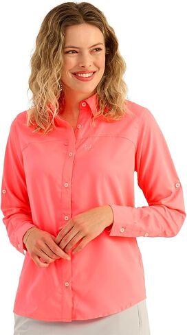 Huk Women's Standard Tide Point Long Sleeve, Button Down Fishing Shirt, Neon Coral, Large in Kuwait