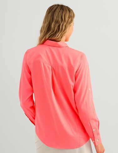 Huk Women's Standard Tide Point Long Sleeve, Button Down Fishing Shirt, Neon Coral, Large in Kuwait