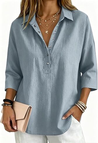 Cotton Linen Tops for Women Gauze 3/4 Sleeve V Neck Oversized Button Down Blouses Loose Fit Casual Summer Office Clothes in Kuwait