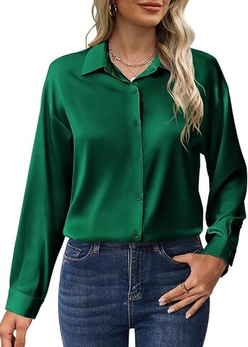 Wkior Satin Silk Button Down Shirts for Women Casual Dress Blouses Long Sleeve Blouses Shirts(S-XL) in Saudi Arabia