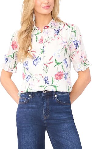 CeCe Women's Floral Elbow Sleeve Button Down Collared Top in Kuwait