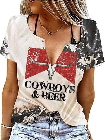 Cowboys & Beer Shirt for Women Country Music Tshirt Vintage Western Steer Skull Graphic Tees Cowboy Rodeo Blouse Top in Saudi Arabia