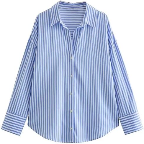 Women Casual Loose Striped Poplin Shirt Female Long Sleeve Turn Down Collar Blouse in Saudi Arabia