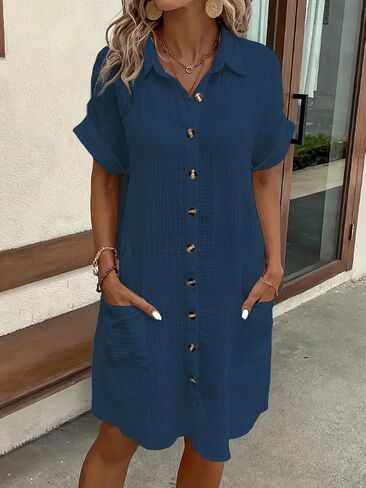 Casual Solid Color V-Neck Dresses Linen Breasted Button Short-Sleeved Summer Loose Long Shirt Dress Women's Clothing in Kuwait