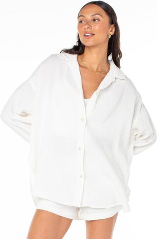 Roxy Womens Morning Time Button Up, Long Sleeve Flowy Breathable Dress Shirt Business Casual Collar Beach Shirt 100% Cotton in Kuwait