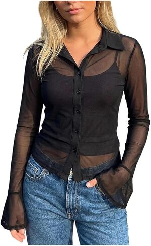 Women Slim Sheer Button Up Shirt Long Sleeve See Through Button Down Shirt Sexy Flare Sleeve Mesh Collared Top in Saudi Arabia