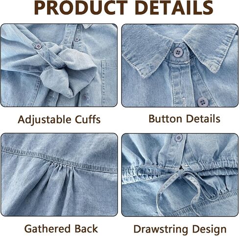 Women Drawstring Long Sleeve Denim Shirts Casual Jean Tops Button Front Jean Jacket Coat in Kuwait