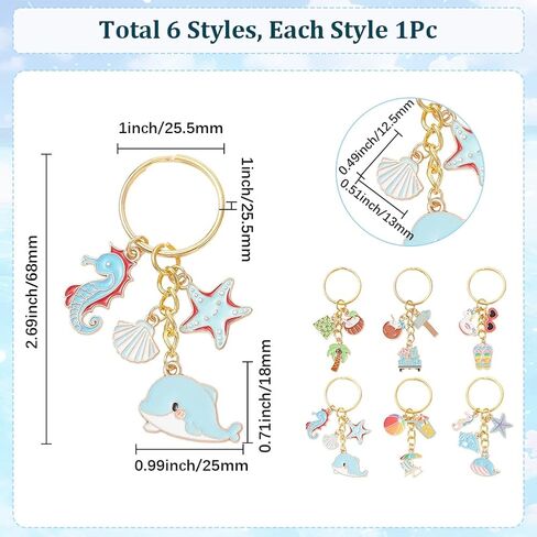 1 Box 6 Styles 6Pcs Beach Keychain Charms Summer Bag Charm Bulk Travel Ocean Cute Cartoon Whale Starfish Shell Enamel Pendants for Handbags Purse Keychain Making Supplies Party Favor Adults in Kuwait