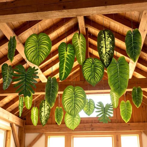 24 Pcs Artificial Palm Leaves 17 Inch Large Tropical Jungle Party Decorations 2026 Vbs Rainforest Decoration Hanging Ceiling Ornaments for Hawaiian Luau Party Summer Indoor Outdoor in Saudi Arabia