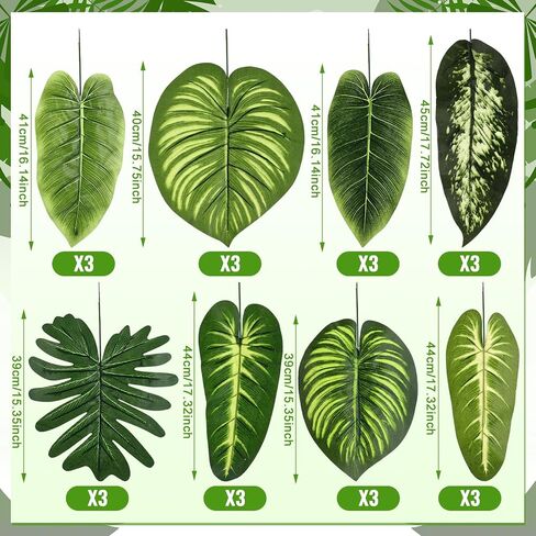 24 Pcs Artificial Palm Leaves 17 Inch Large Tropical Jungle Party Decorations 2026 Vbs Rainforest Decoration Hanging Ceiling Ornaments for Hawaiian Luau Party Summer Indoor Outdoor in Saudi Arabia