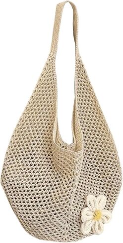 OYOANGLE Women's Floral Applique Crochet Beach Tote Bag Summer Boho Mesh Woven Tote Bag in Kuwait