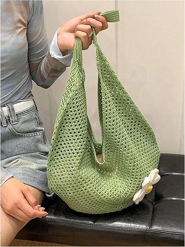 OYOANGLE Women's Floral Applique Crochet Beach Tote Bag Summer Boho Mesh Woven Tote Bag in Kuwait