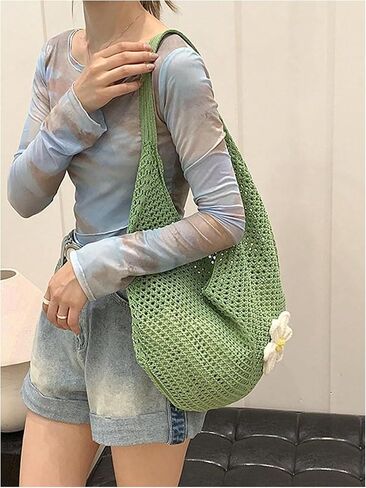OYOANGLE Women's Floral Applique Crochet Beach Tote Bag Summer Boho Mesh Woven Tote Bag in Kuwait