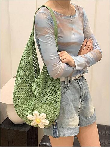 OYOANGLE Women's Floral Applique Crochet Beach Tote Bag Summer Boho Mesh Woven Tote Bag in Kuwait