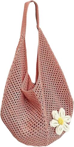 OYOANGLE Women's Floral Applique Crochet Beach Tote Bag Summer Boho Mesh Woven Tote Bag in Kuwait