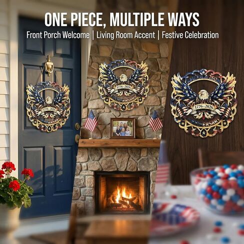 Patriotic Wreaths for Front Door, 250th Anniversary Door Wreath Style American Eagle Sign, 1776-2026 250 Years of Freedom American Flag Wreath Decor for 4th of July Porch Wall Decorations in Kuwait