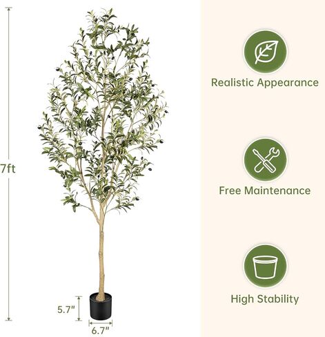 Realead Faux Olive Tree 7ft - Realistic Olive Trees Artificial Indoor with Natural Trunk and Realistic Leaves- Tall 7 Feet Fake Olive Tree for Home Office Décor in Saudi Arabia