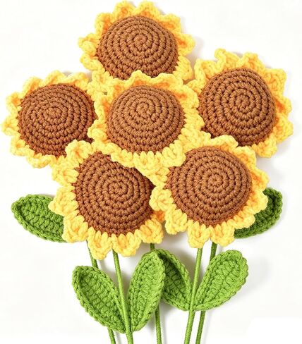 Crochet Flowers 6 Pcs, Crocheted Flowers Sunflower, Artificial Flowers for Decoration, Handmade Flowers Forever Flowers, Crochet Flowers Bouquet, for Home Decor Indoor in Kuwait