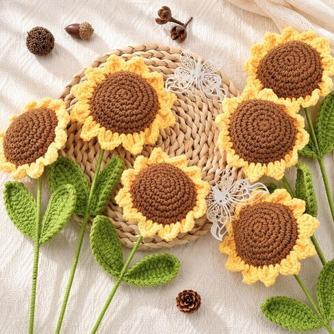 Crochet Flowers 6 Pcs, Crocheted Flowers Sunflower, Artificial Flowers for Decoration, Handmade Flowers Forever Flowers, Crochet Flowers Bouquet, for Home Decor Indoor in Kuwait