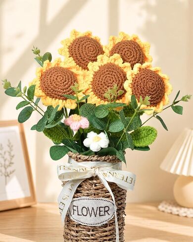 Crochet Flowers 6 Pcs, Crocheted Flowers Sunflower, Artificial Flowers for Decoration, Handmade Flowers Forever Flowers, Crochet Flowers Bouquet, for Home Decor Indoor in Kuwait