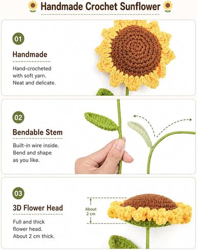 Crochet Flowers 6 Pcs, Crocheted Flowers Sunflower, Artificial Flowers for Decoration, Handmade Flowers Forever Flowers, Crochet Flowers Bouquet, for Home Decor Indoor in Kuwait