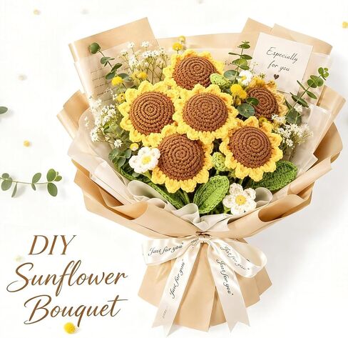 Crochet Flowers 6 Pcs, Crocheted Flowers Sunflower, Artificial Flowers for Decoration, Handmade Flowers Forever Flowers, Crochet Flowers Bouquet, for Home Decor Indoor in Kuwait