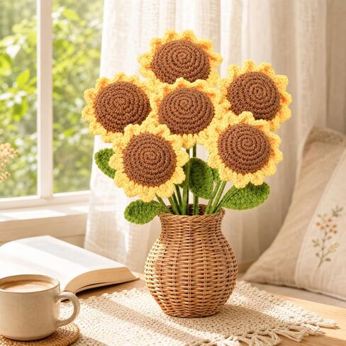 Crochet Flowers 6 Pcs, Crocheted Flowers Sunflower, Artificial Flowers for Decoration, Handmade Flowers Forever Flowers, Crochet Flowers Bouquet, for Home Decor Indoor in Kuwait