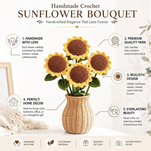 Crochet Flowers 6 Pcs, Crocheted Flowers Sunflower, Artificial Flowers for Decoration, Handmade Flowers Forever Flowers, Crochet Flowers Bouquet, for Home Decor Indoor in Kuwait