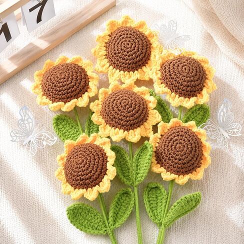 Crochet Flowers 6 Pcs, Crocheted Flowers Sunflower, Artificial Flowers for Decoration, Handmade Flowers Forever Flowers, Crochet Flowers Bouquet, for Home Decor Indoor in Saudi Arabia