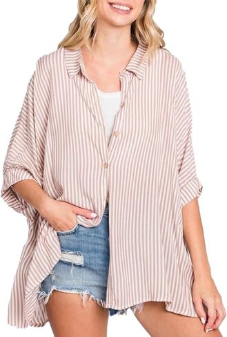Womens Striped Oversized Button Down Shirts 3/4 Sleeve Tops 2026Summer Collared Casual Going Out Tunic Blouse Trendy Clothes in Saudi Arabia