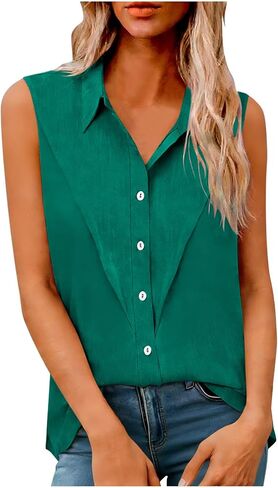 Womens Button Down Vests Plus Size Linen Cotton Sleeveless Gauze Shirts Fashion Collared Casual Work Tops in Saudi Arabia
