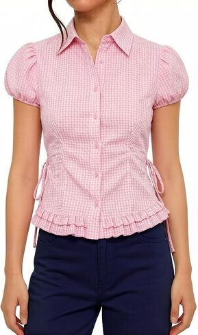 Women Y2K Gingham Ruffle Hem Puff Sleeve Blouse Coquette Side Tie Collared Button Down Shirt Summer Going Out Top in Kuwait