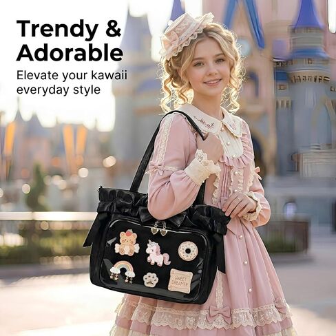 Kawaii Ita Bag Crossbody with Insert & Bow, PU Leather Tote Pin Display Bag for Teen Girls & Women, Lolita Ruffle Shoulder Messenger Itabag for Anime Comic-Con(NO Pins&Plushes) in Saudi Arabia