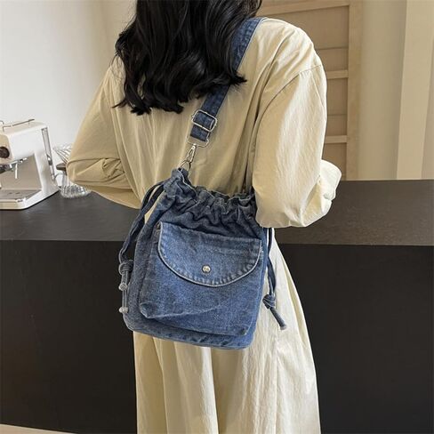 Denim Crossbody Bag Small Drawstring Phone Bag Casual Bucket Purse Shoulder Messenger Bag in Kuwait