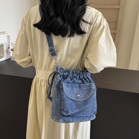 Denim Crossbody Bag Small Drawstring Phone Bag Casual Bucket Purse Shoulder Messenger Bag in Kuwait