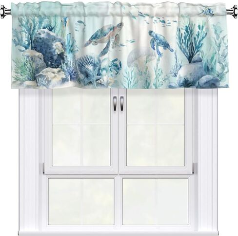Coastal Valance for Windows - Blue Sea Turtle Valance Curtain 54"x18" Short Curtain Window Treatment for Kitchen Living Room Bathroom Bedroom in Kuwait
