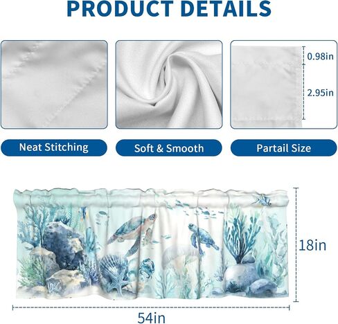 Coastal Valance for Windows - Blue Sea Turtle Valance Curtain 54"x18" Short Curtain Window Treatment for Kitchen Living Room Bathroom Bedroom in Kuwait